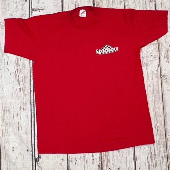 Vintage 80s Shockers Racing Stock Car Road Race 1980s Red Crewneck Tshirt - Picture 1 of 8
